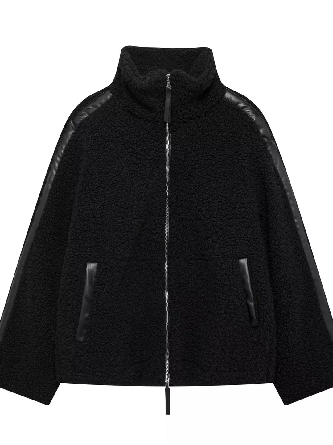 Stand collar full zip drawcord hem in black-ribbed, front view 2