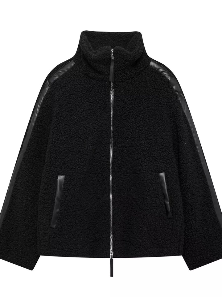 Stand collar full zip drawcord hem in black-ribbed, front view 2
