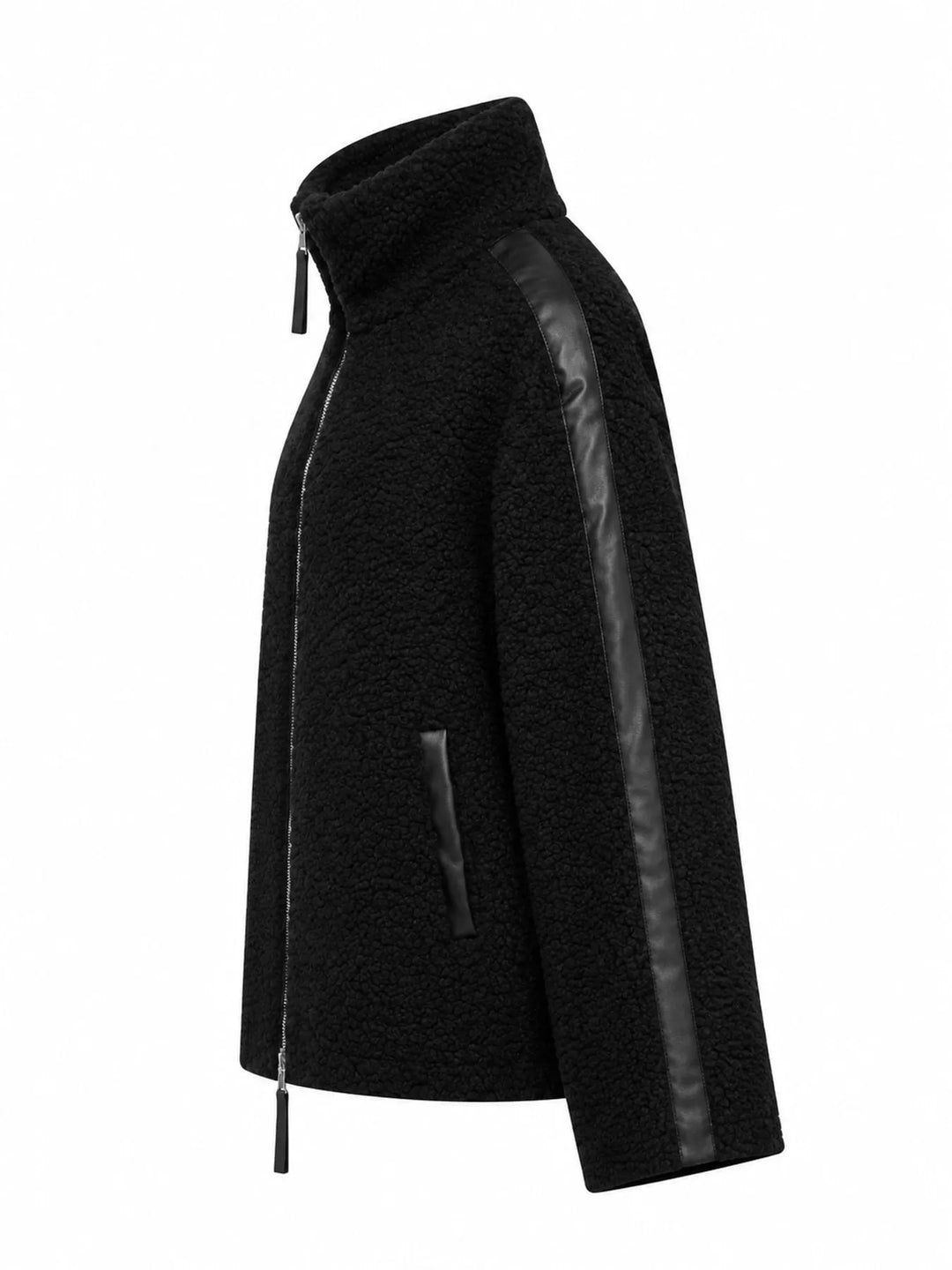 Stand collar full zip drawcord hem in black-ribbed, styled on model