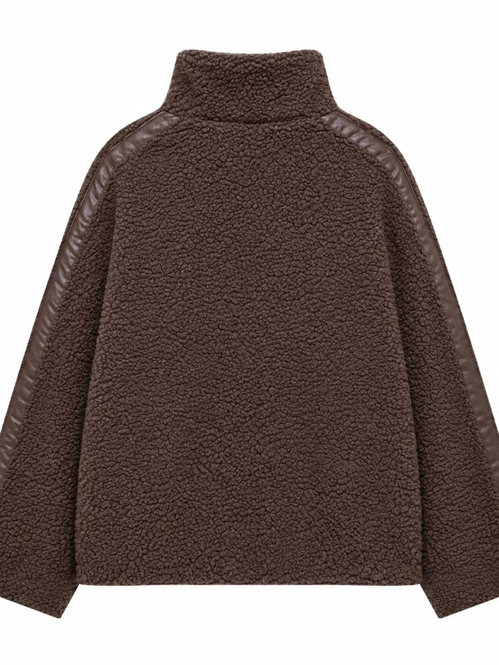 Stand collar full zip drawcord hem in coffee-ribbed, back view
