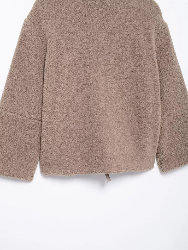 Stand collar full zip drawcord hem in khaki, back view