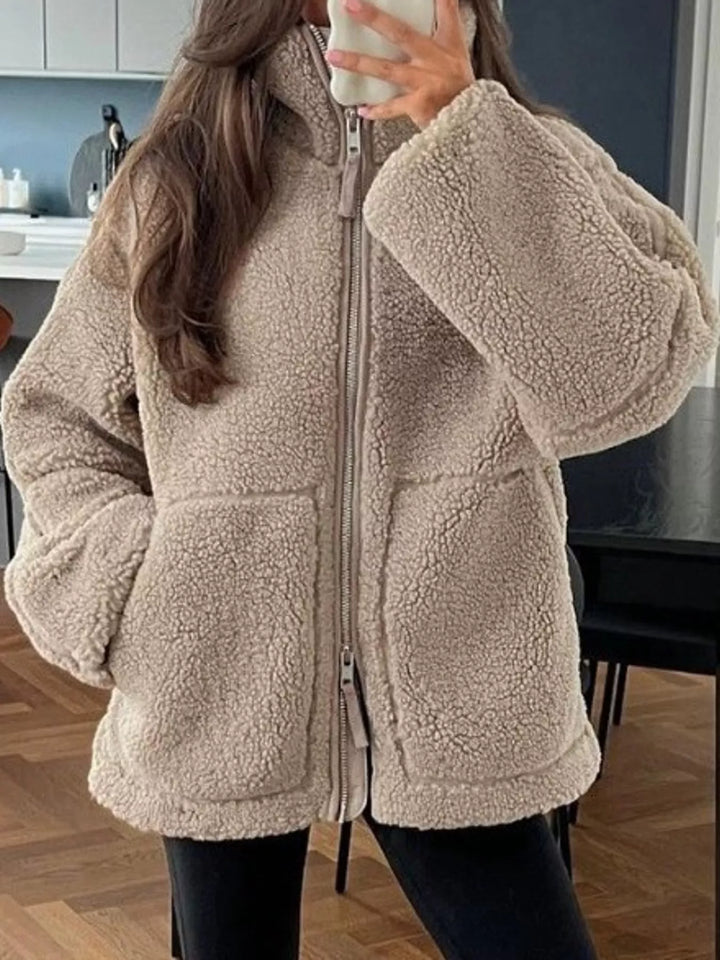 Stand collar full zip drawcord hem in khaki, front view