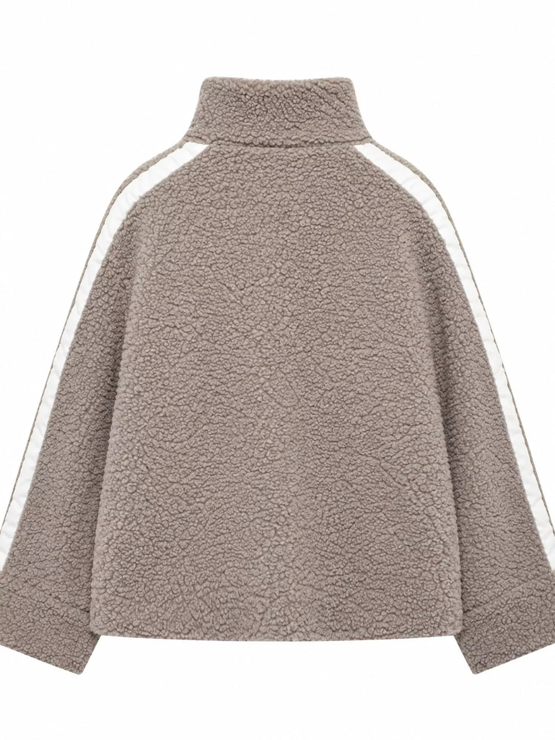 Stand collar full zip drawcord hem in khaki-ribbed, back view