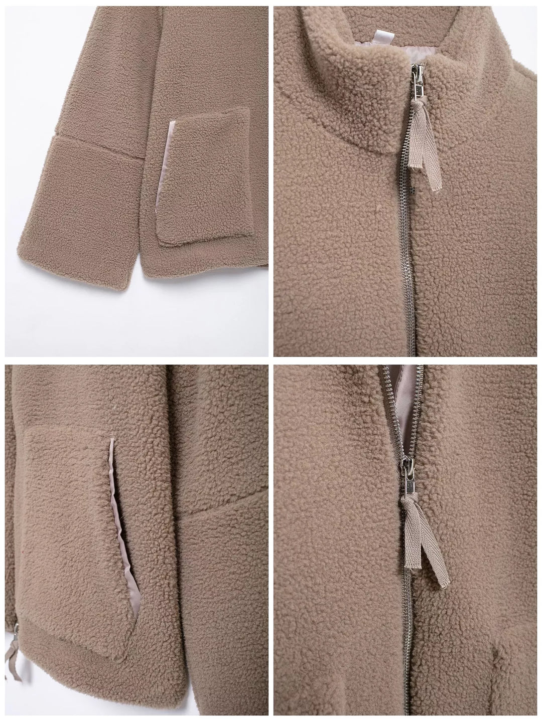 Stand collar full zip drawcord hem in khaki-ribbed, close-up detail
