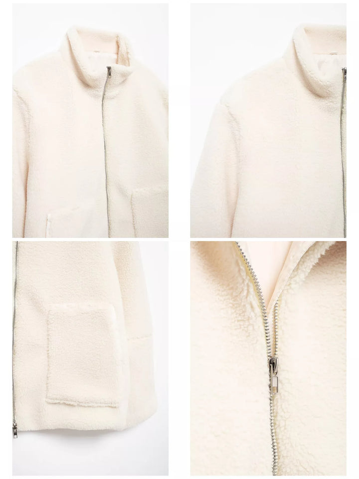 Stand collar full zip drawcord hem in off white, close-up detail