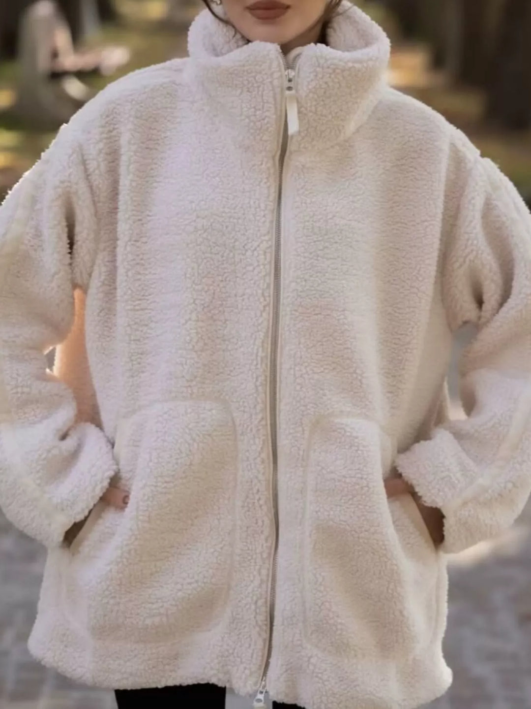 Stand collar full zip drawcord hem in off white, front view 2