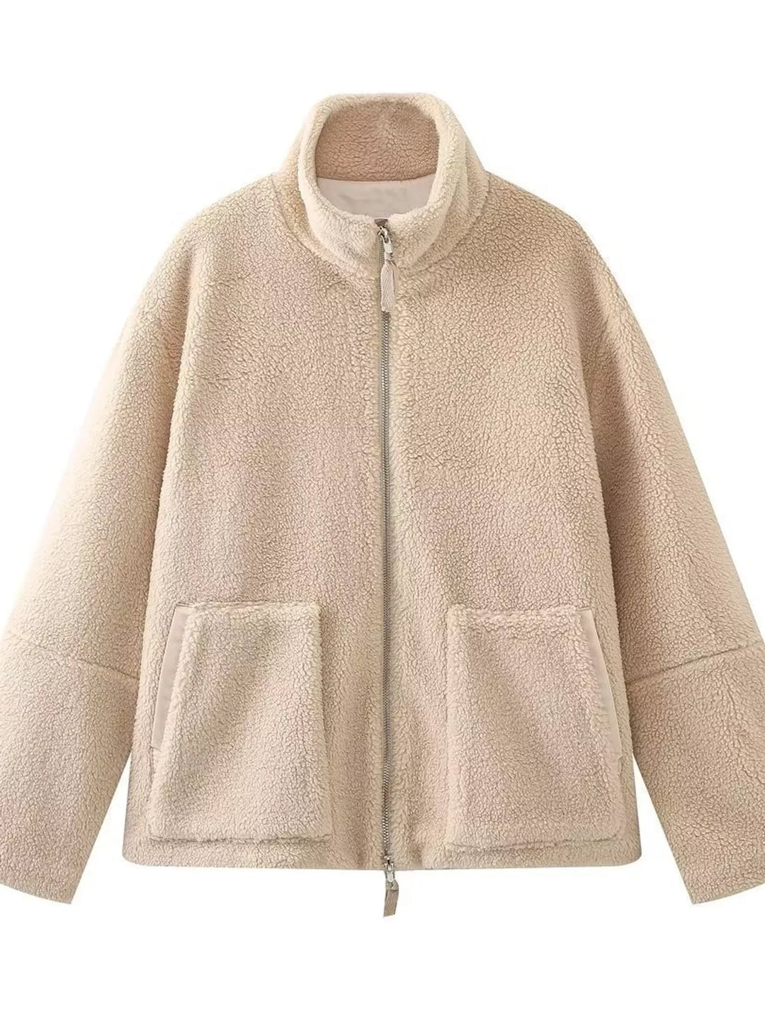 Stand collar full zip drawcord hem in off white, front view 3