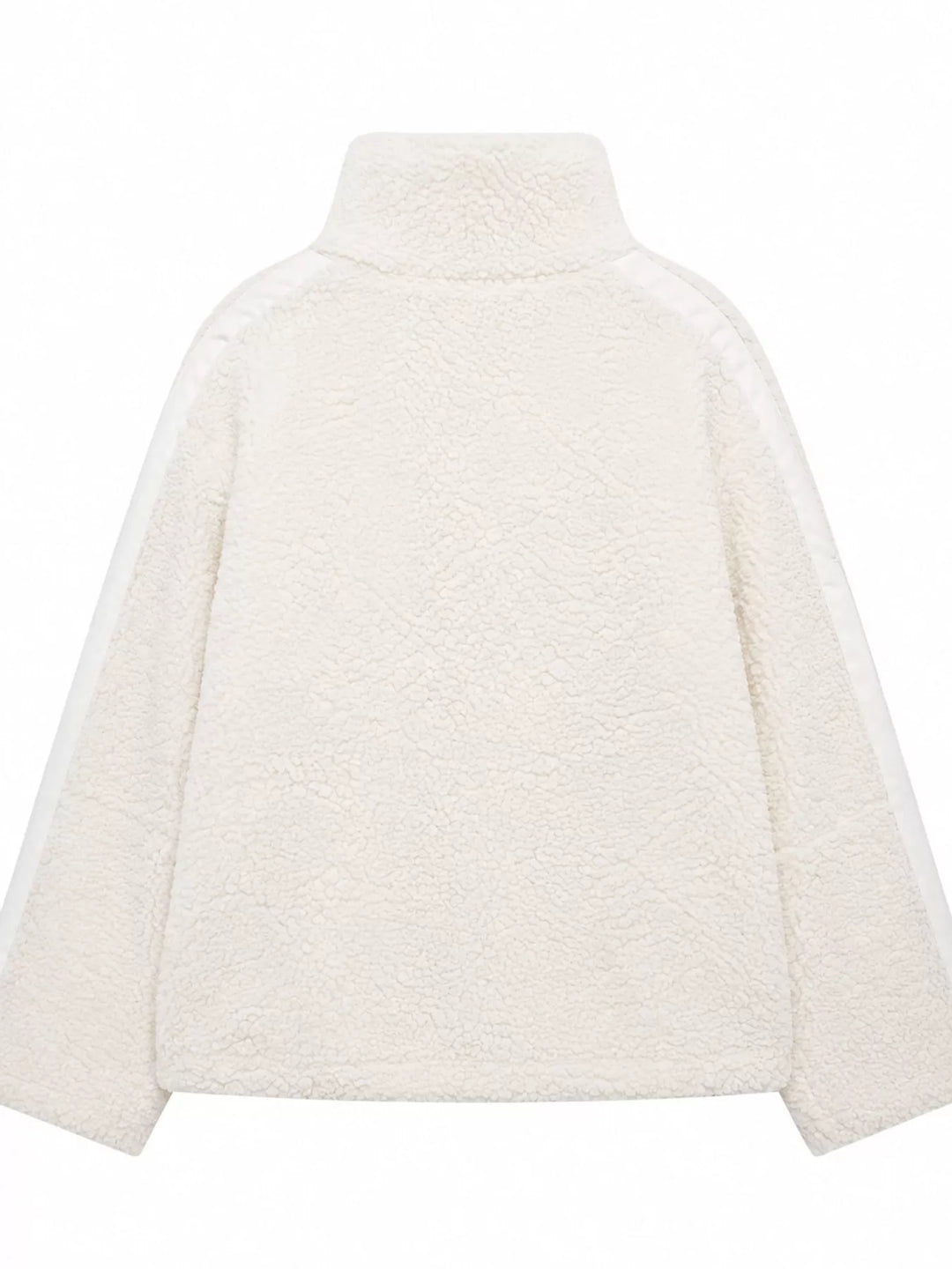 Stand collar full zip drawcord hem in off white-ribbed, back view