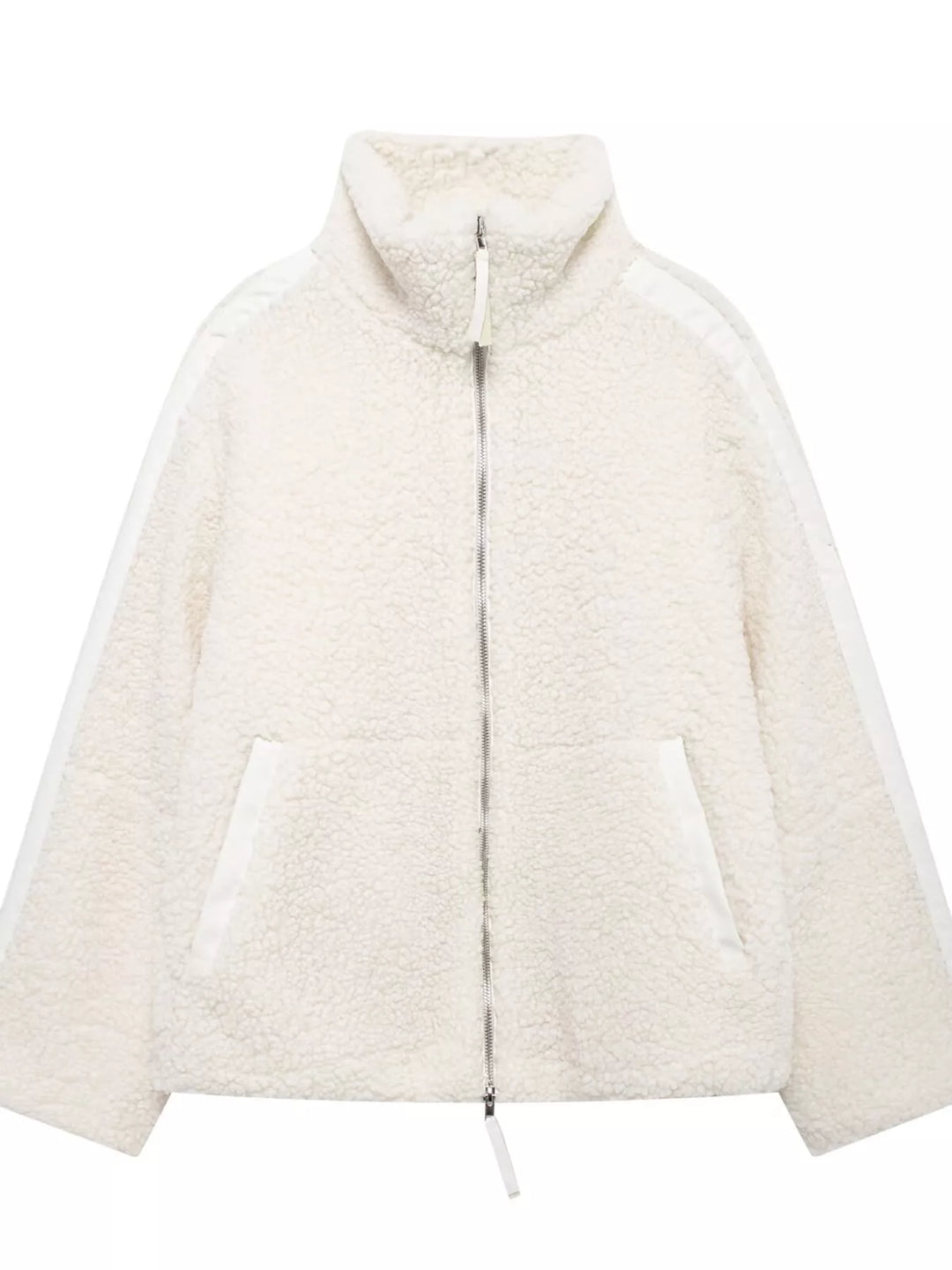 Stand collar full zip drawcord hem in off white-ribbed, front view 2
