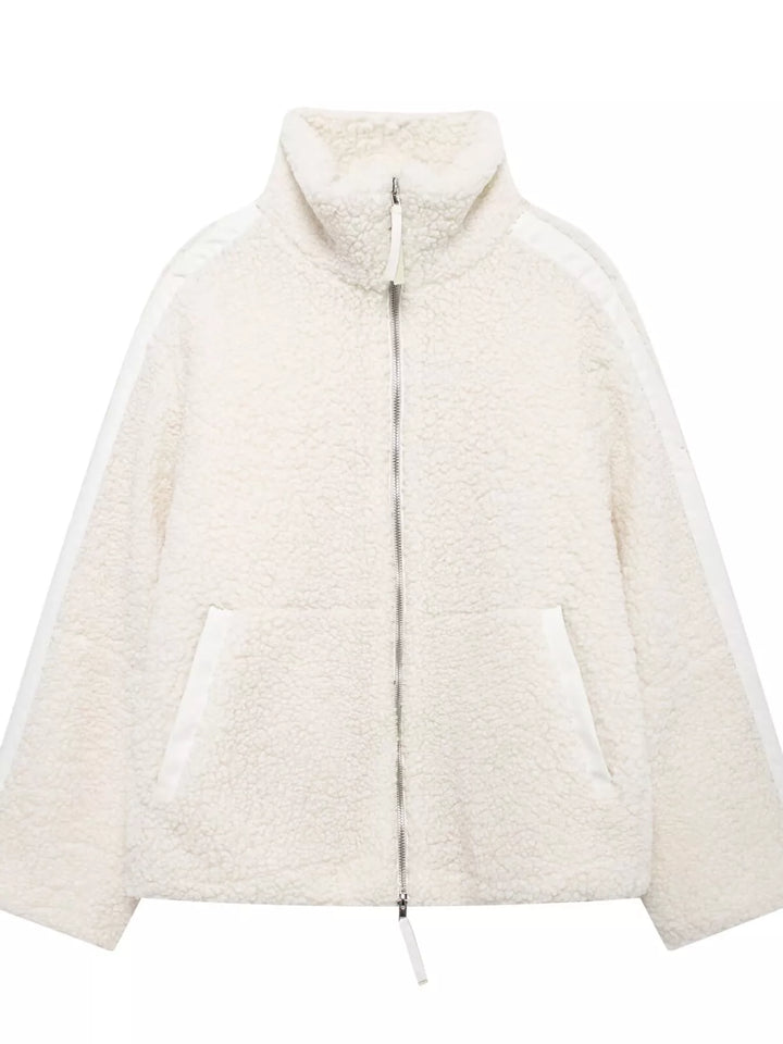 Stand collar full zip drawcord hem in off white-ribbed, front view 2