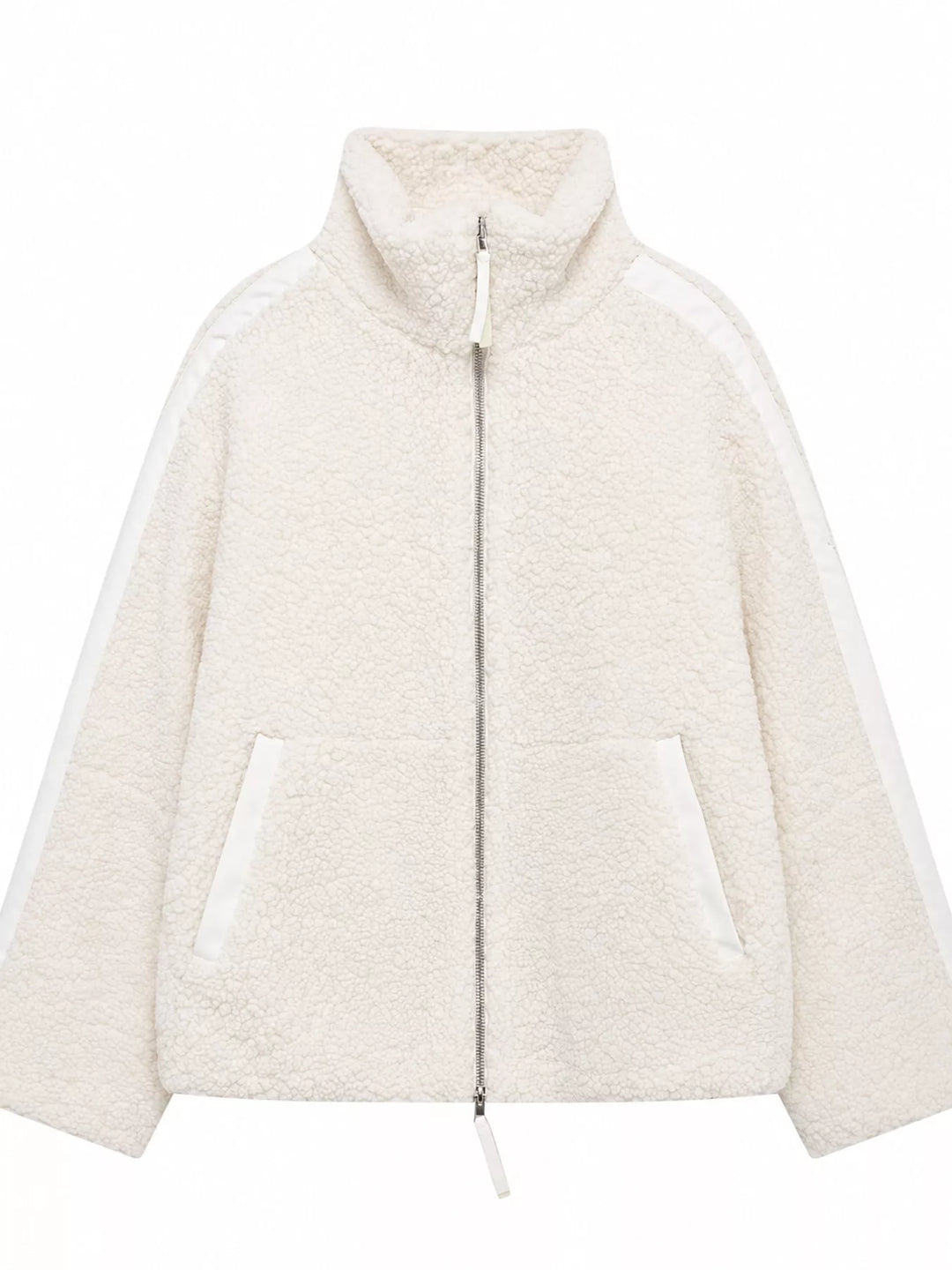 Stand collar full zip drawcord hem in off white-ribbed, front view