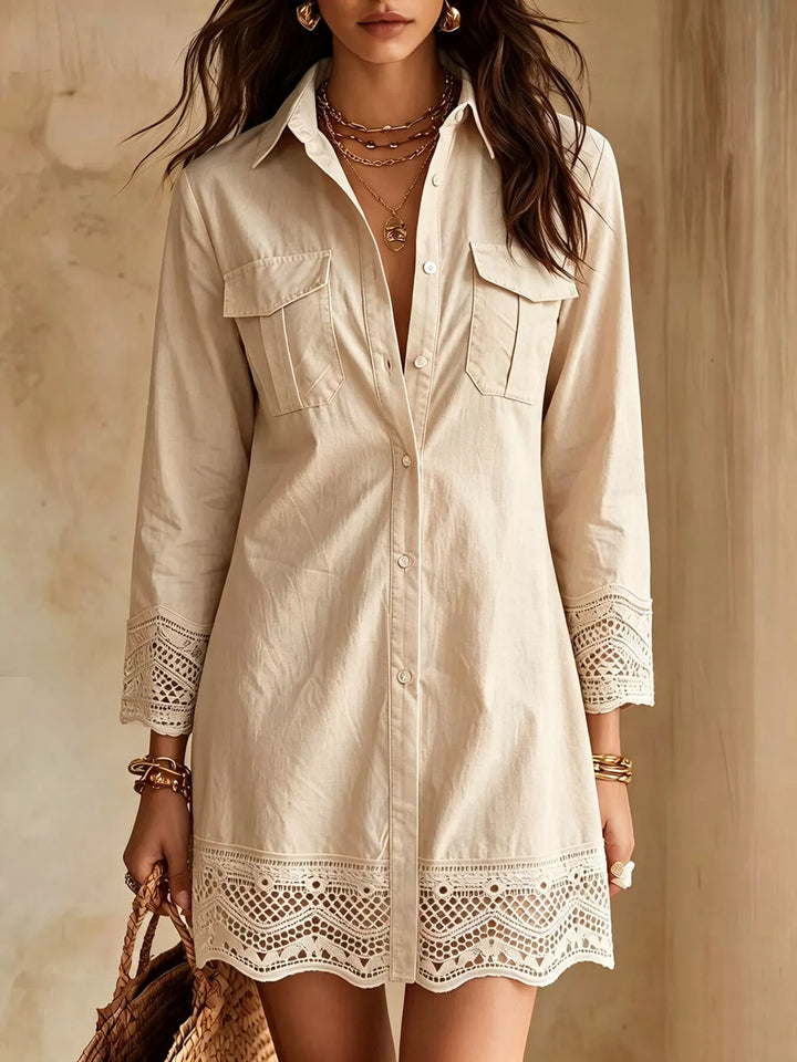 Apricot shirt dress front view with button down front