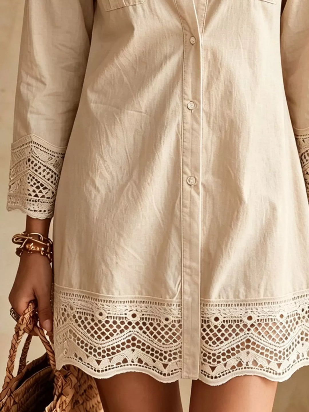 Apricot shirt dress worn on a model, showing the button down front