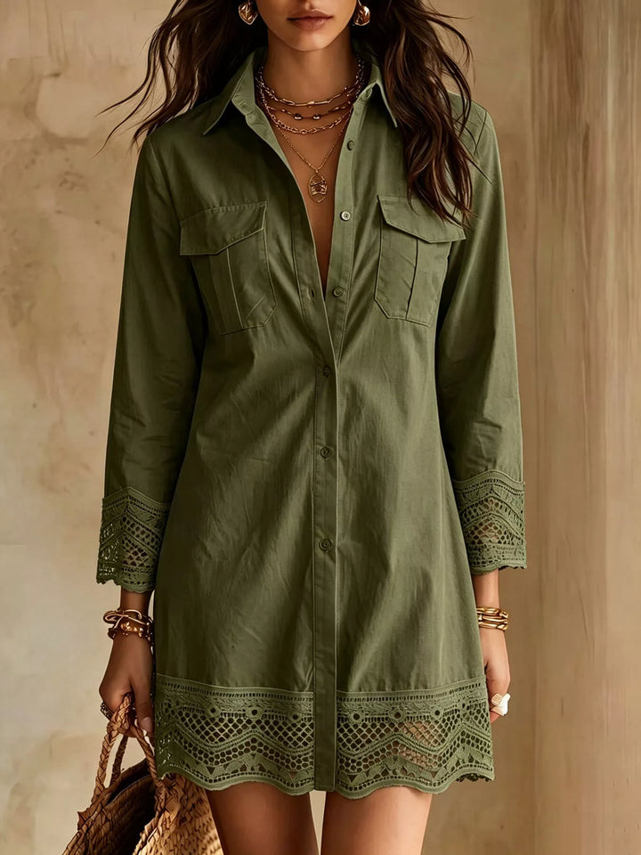 Women's shirt dress in army green, button down long sleeve mini with lace trim
