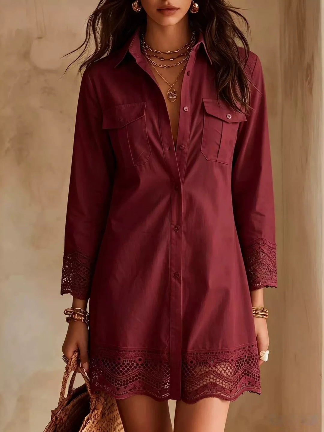 Burgundy shirt dress front view with button down front