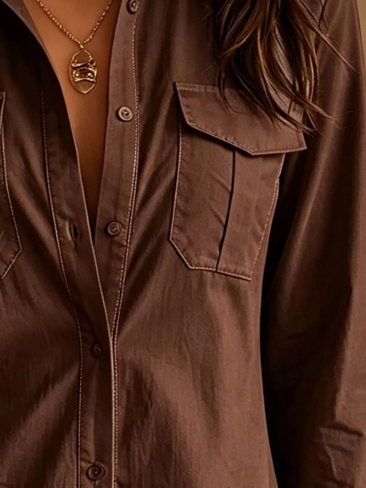 Close-up of the button down front on the dark brown shirt dress