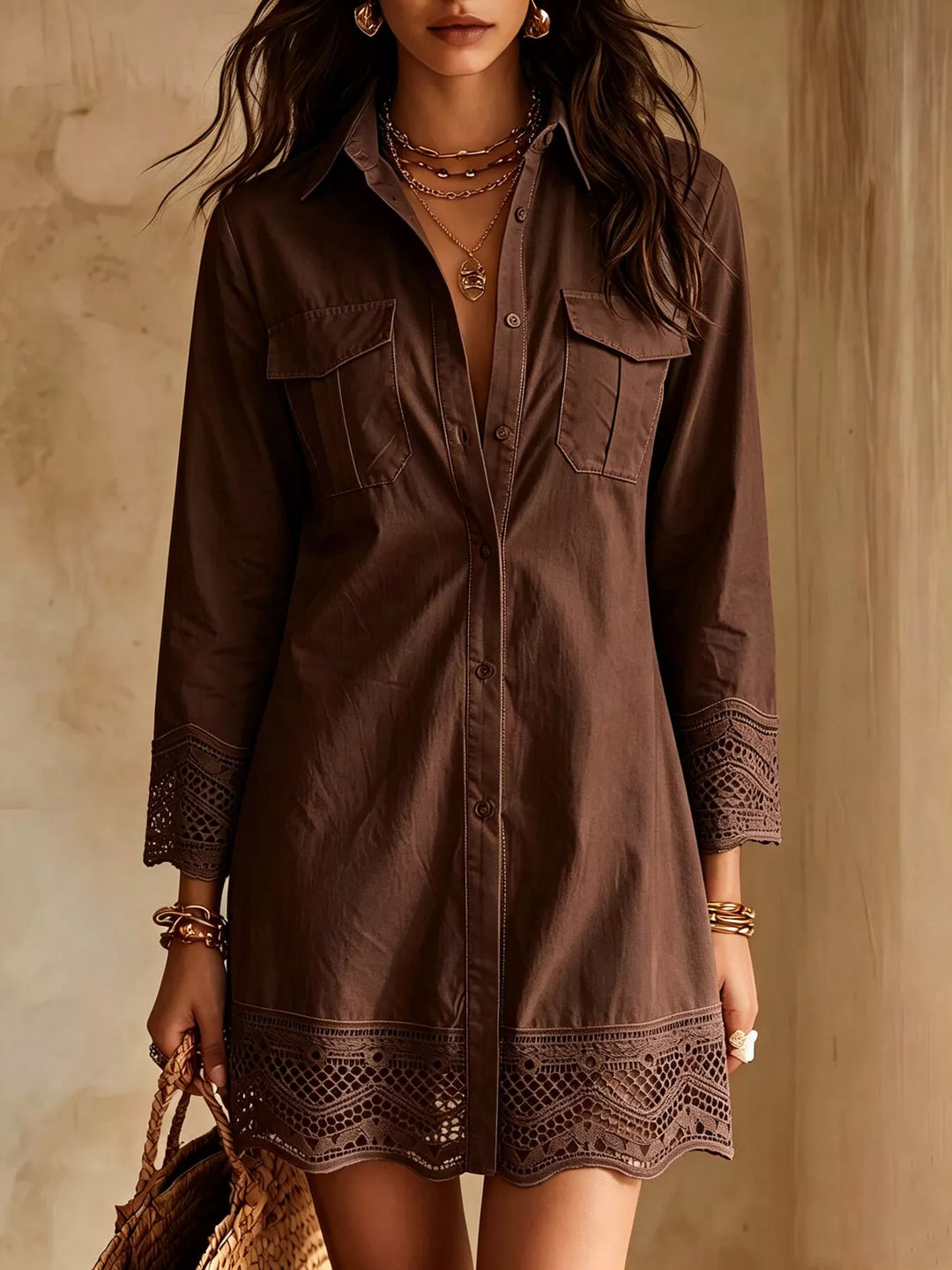 Dark brown shirt dress front view with button down front