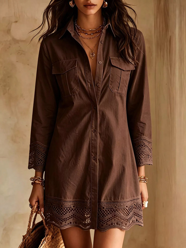 Dark brown shirt dress front view with button down front