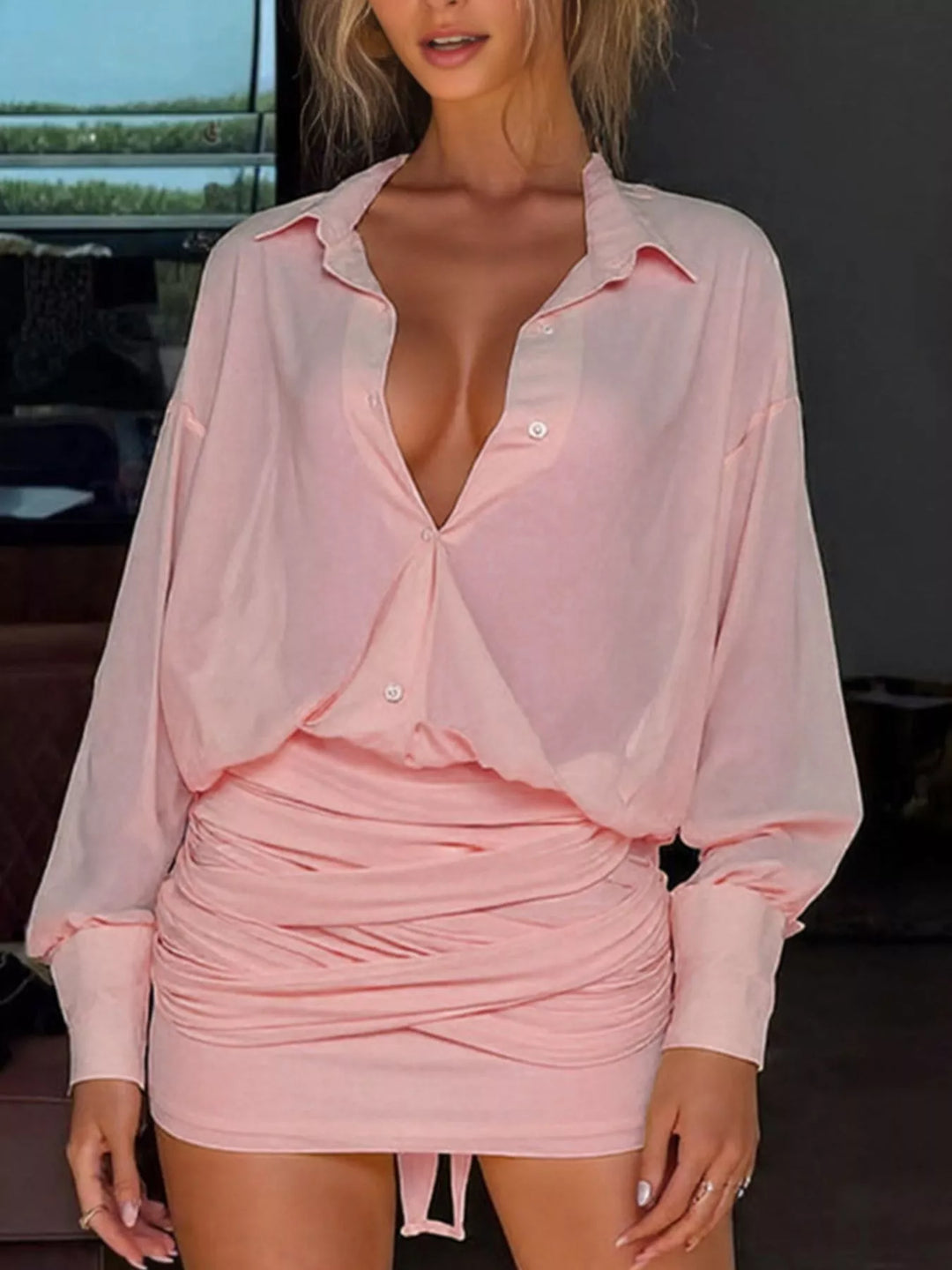 Blush pink shirt dress front view with sheer fabric