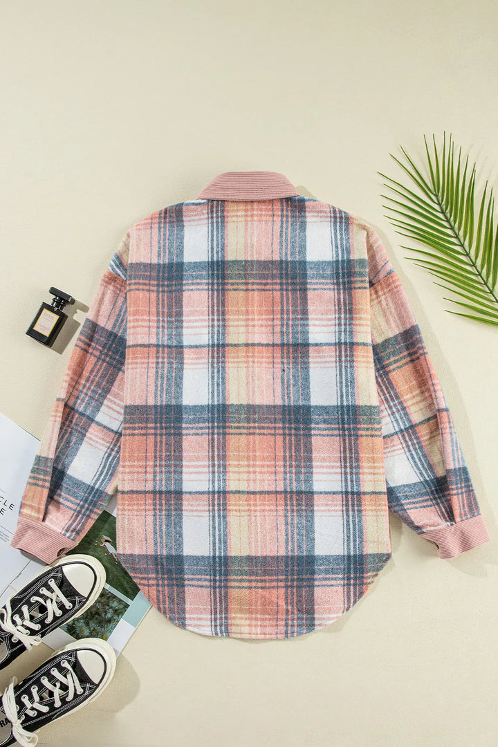 Back flat lay of the blush plaid shirt jacket beside black sneakers