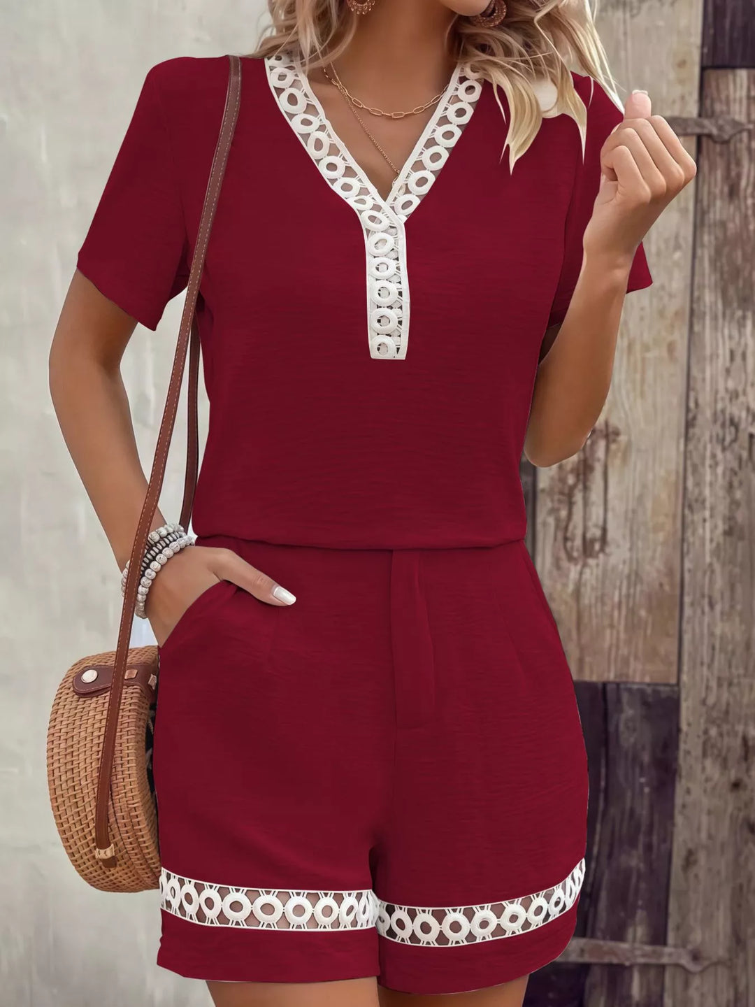 Burgundy short set with crochet lace trim top and shorts, front view
