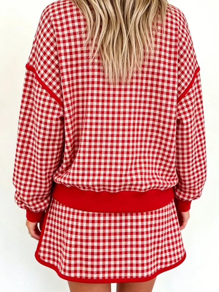 Back view of the red gingham sweatshirt and matching drawstring shorts