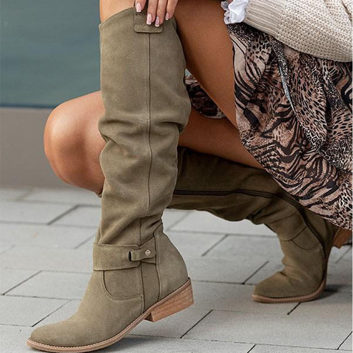 Olive slouchy boots with low stacked heel and ankle strap