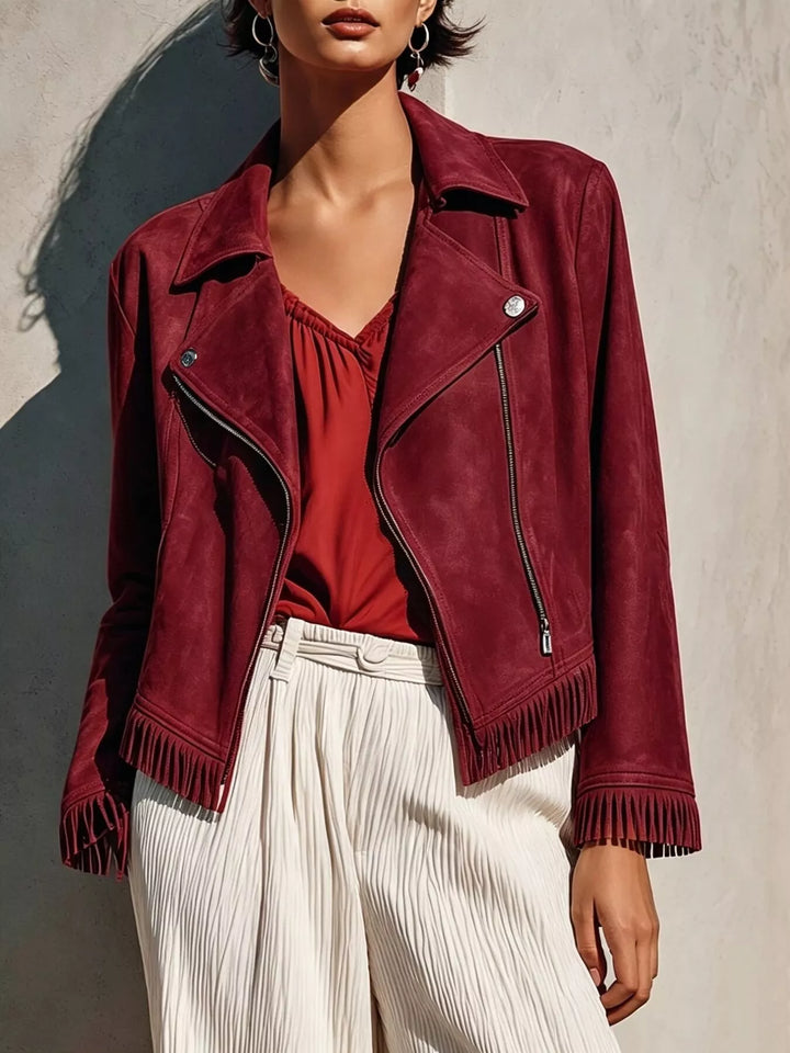 Cropped moto fringe hem asymmetric zip in burgundy, front view