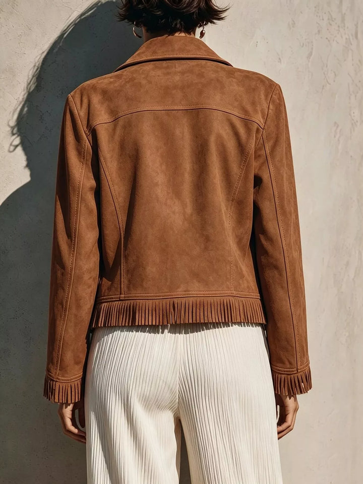 Cropped moto fringe hem asymmetric zip in camel, back view