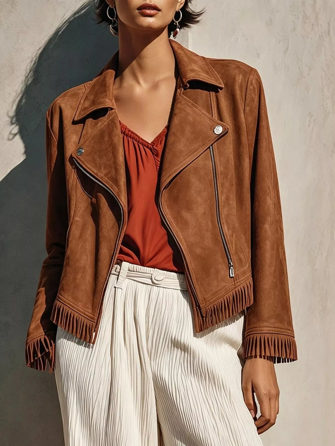 Cropped moto fringe hem asymmetric zip in camel, front view