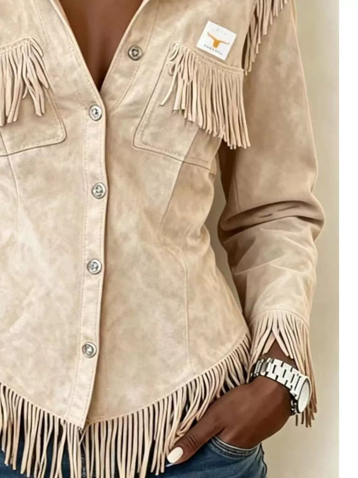 Fringe trim snap front cropped in beige, close-up detail