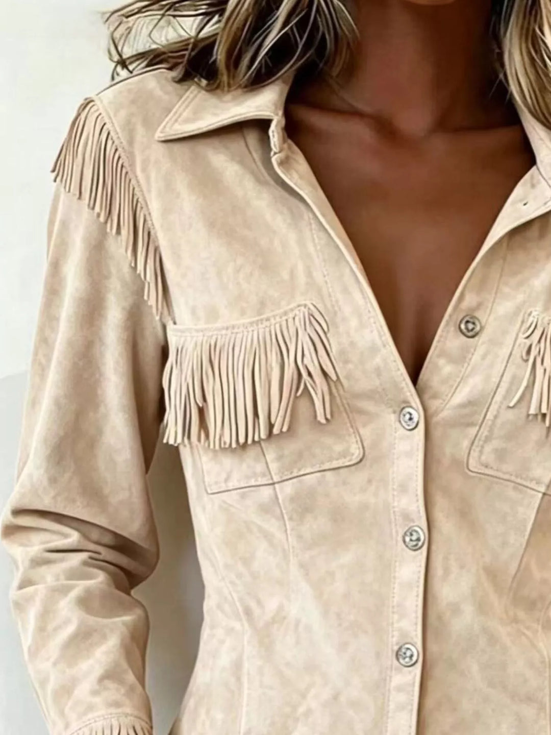 Fringe trim snap front cropped in beige, styled on model