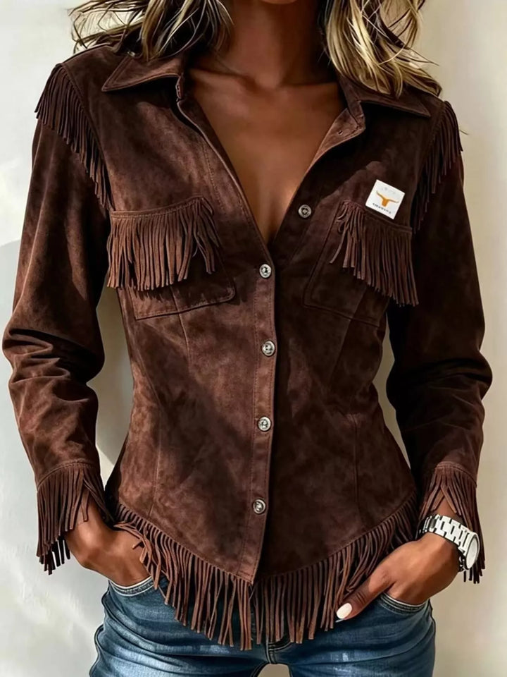 Fringe trim snap front cropped in dark brown, front view