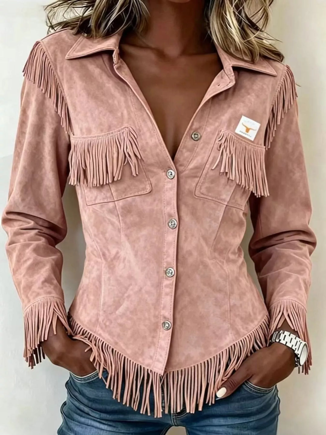 Fringe trim snap front cropped in dusty pink, front view
