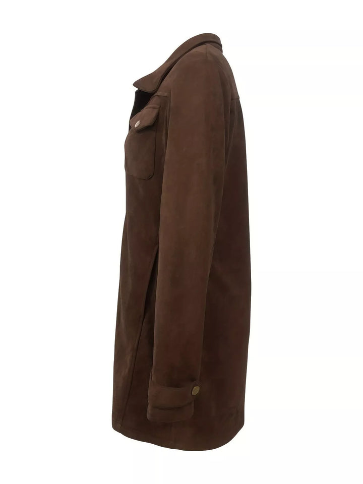 Longline button front chest pockets in dark brown, flat lay