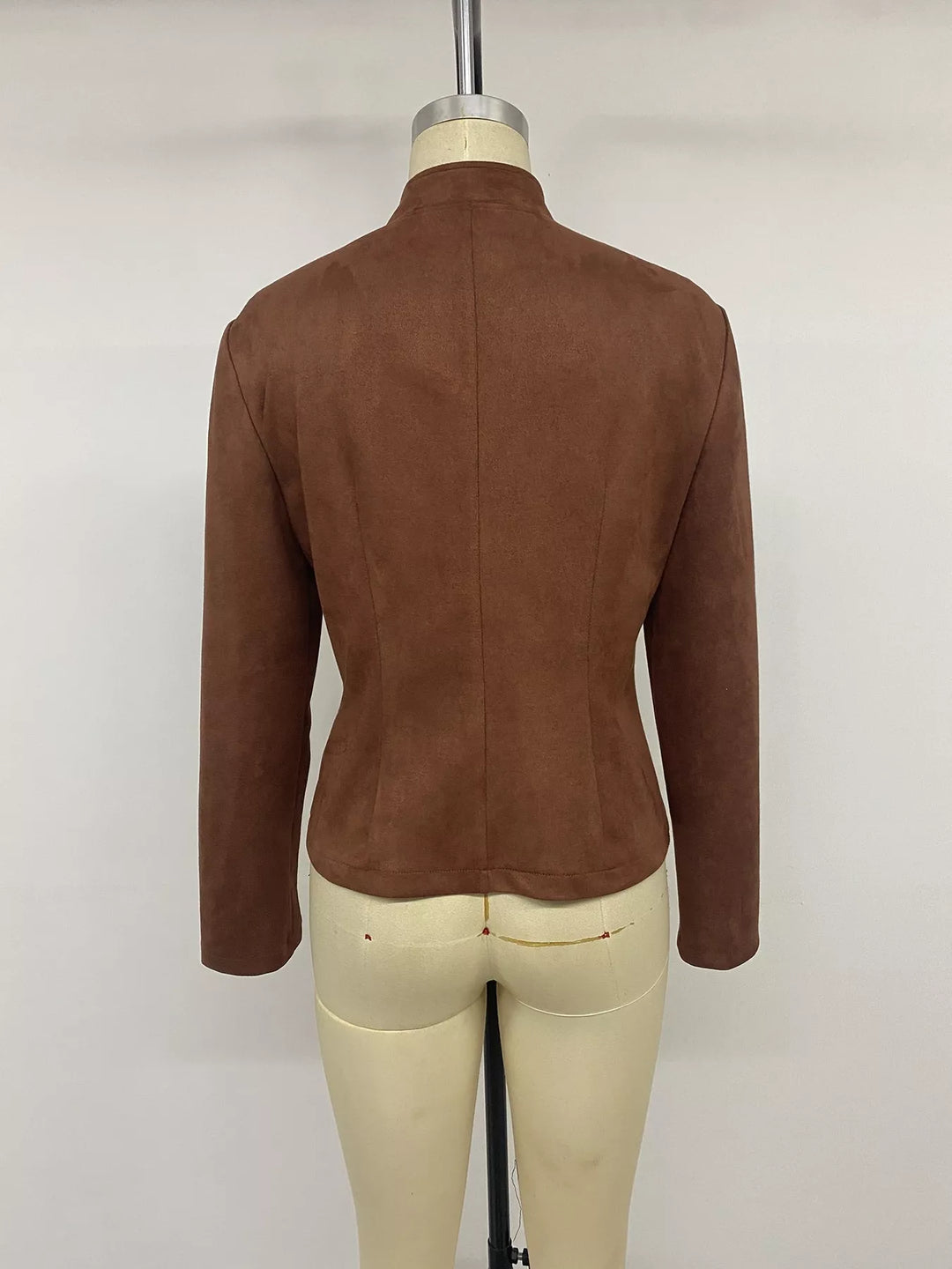 Military stand collar double buttons in coffee brown, back view 2