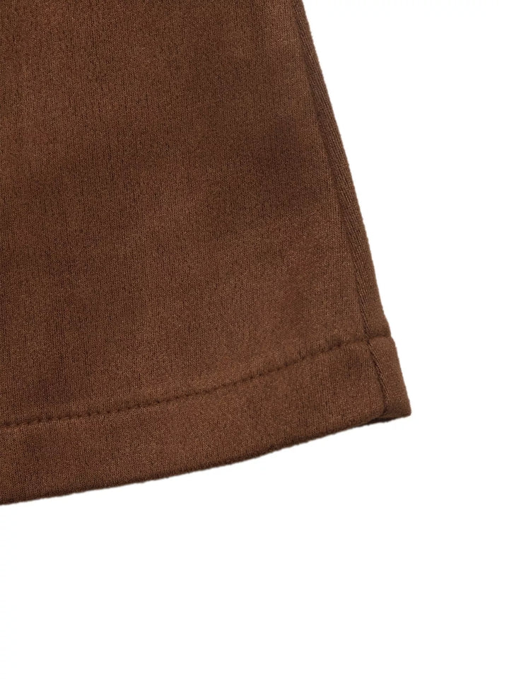 Military stand collar double buttons in coffee brown, close-up detail 2