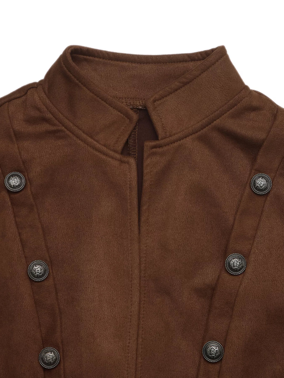Military stand collar double buttons in coffee brown, close-up detail