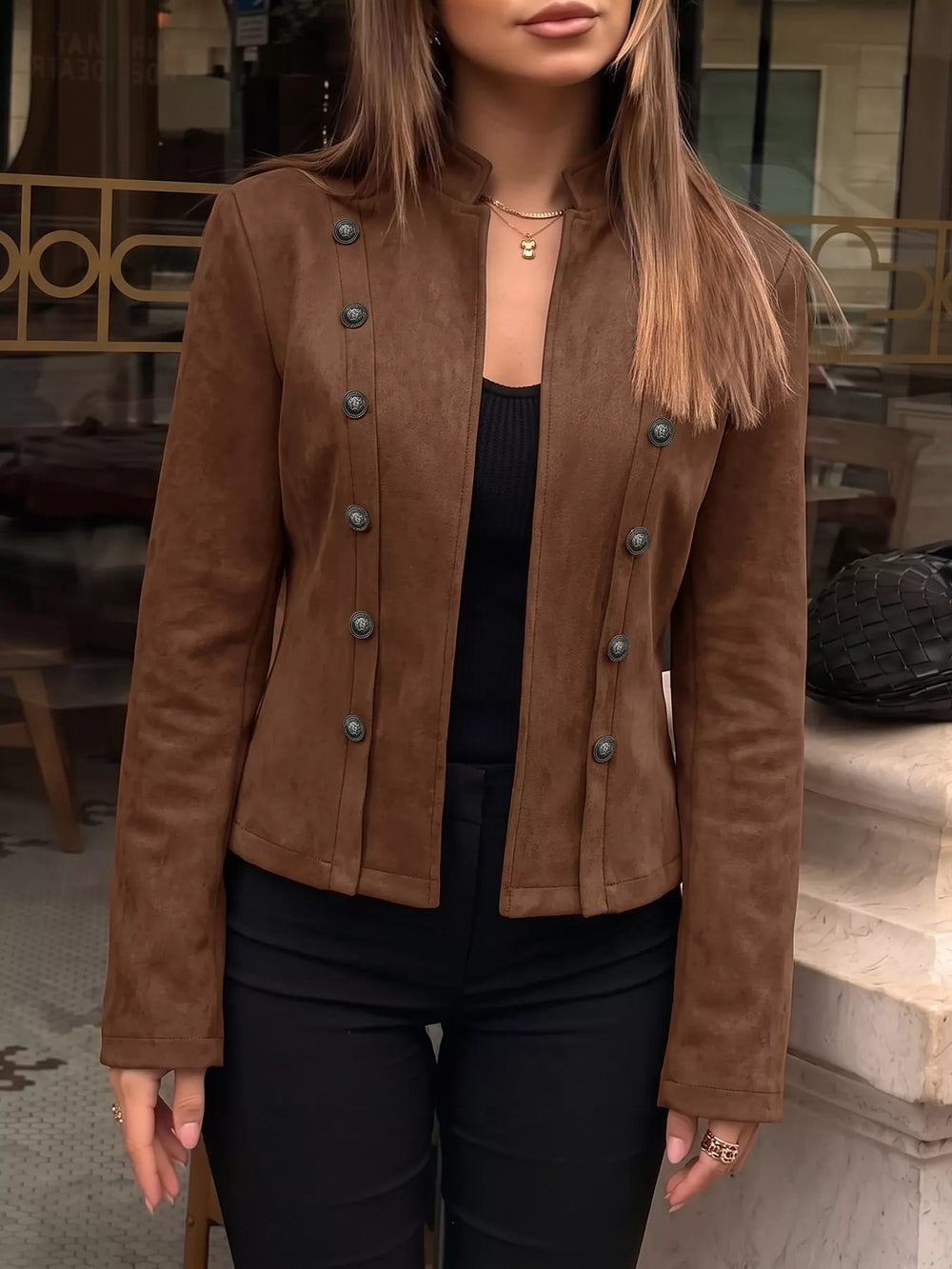 Military stand collar double buttons in coffee brown, front view 2
