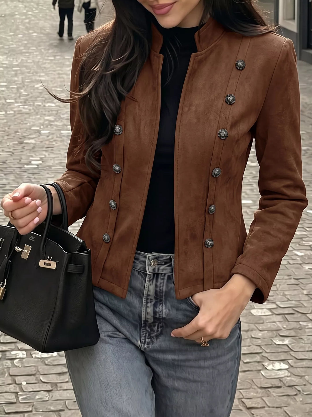 Women's suede-look jacket in coffee brown, military stand collar double buttons