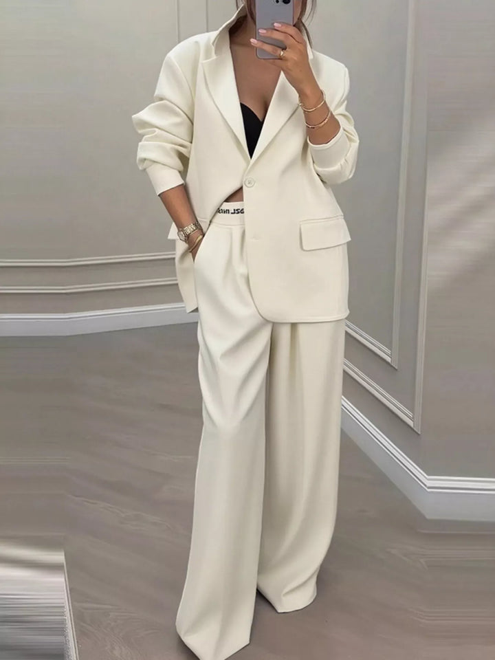 Oversized one button blazer and wide leg pants in apricot, front view