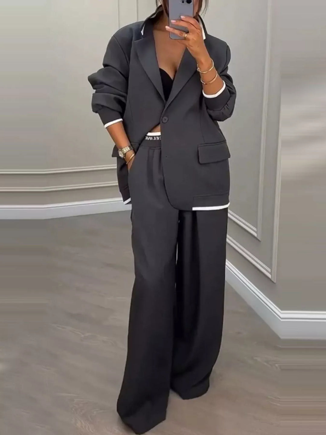 Oversized one button blazer and wide leg pants in dark gray, front view