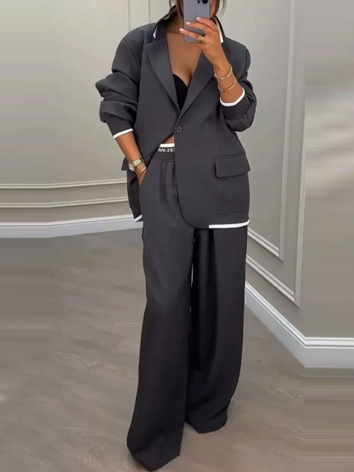 Oversized one button blazer and wide leg pants in dark gray, front view