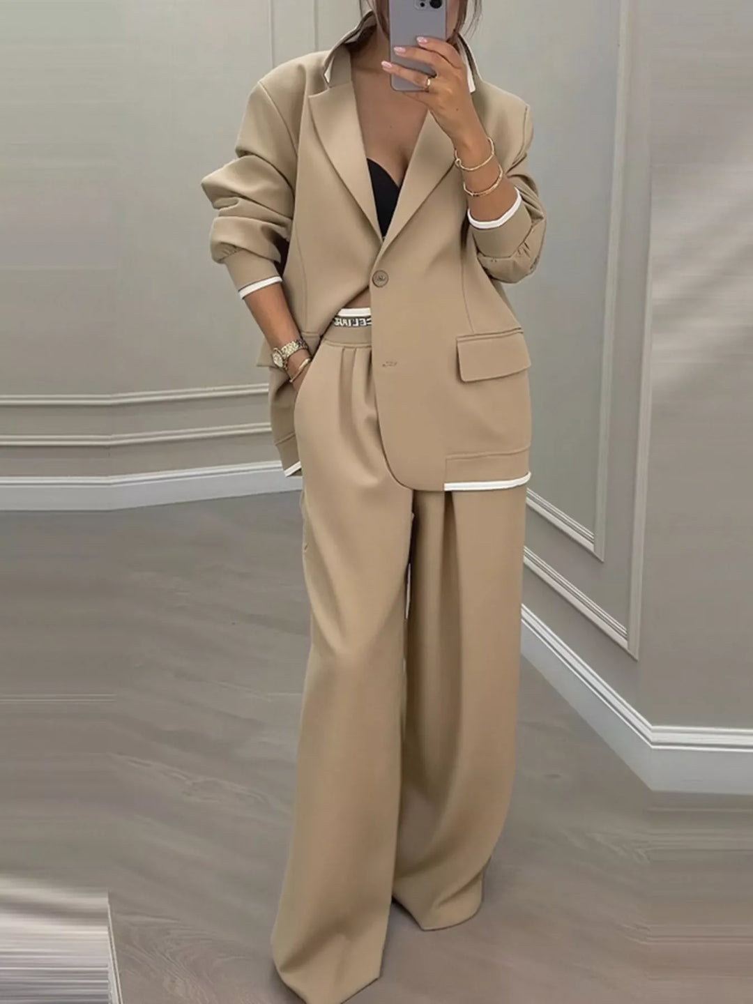 Oversized one button blazer and wide leg pants in khaki, front view