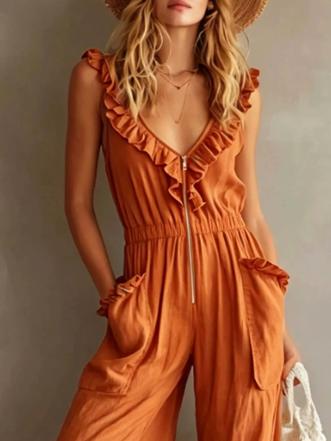 Orange jumpsuit close up of the ruffle V neck and zip front detail