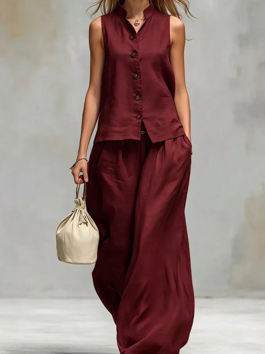 Burgundy summer matching set, sleeveless vest and wide leg pants full length