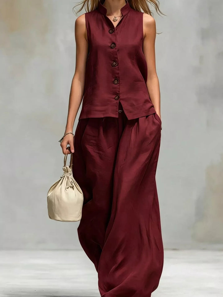 Burgundy summer matching set, sleeveless vest and wide leg pants full length