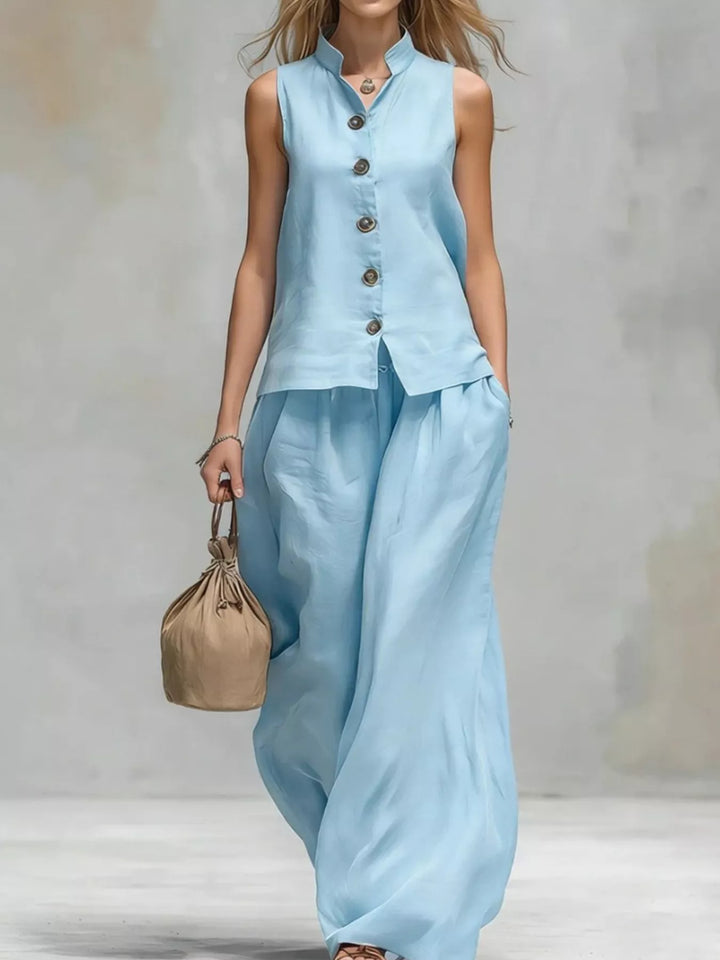 Light blue summer matching set with sleeveless vest and flowing wide leg pants