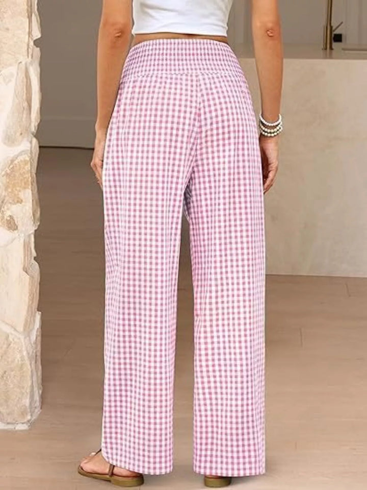 Back view of the pink gingham wide leg pants