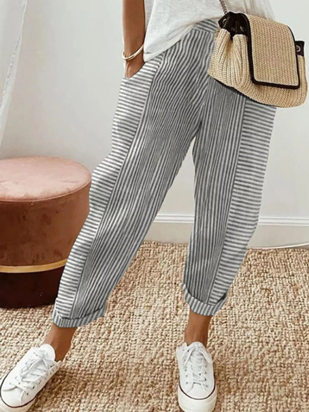 Women's summer pants in light gray, tapered striped with elastic waist and cuffed hem